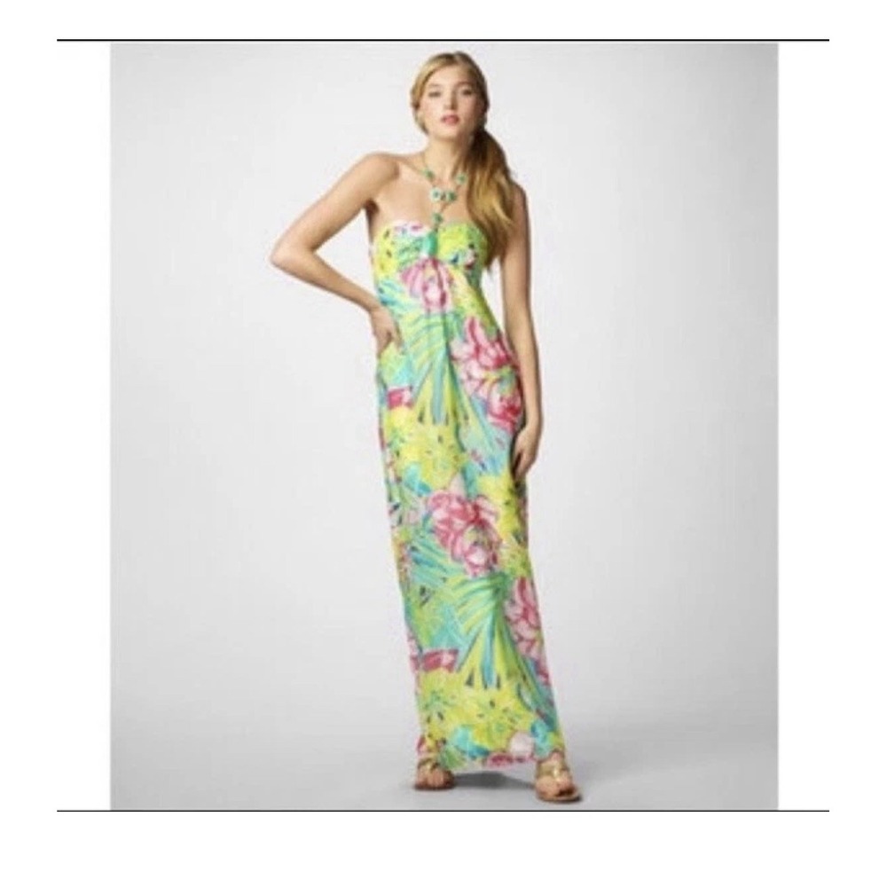 RARE LILLY PULITZER CLAUDIE SILK JEWELED HALTER MAXI DRESS   SIZE 0  $328.00